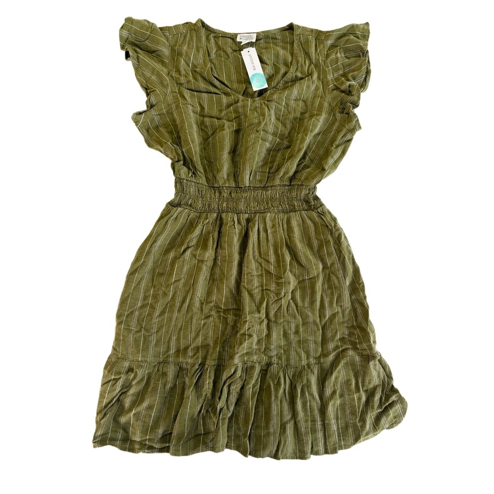 Market & Spruce Marin Linen Blend Dress Womens L Olive Green Striped Flutter NWT
